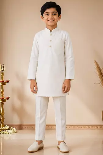 boys white cotton kurta pyjama set with embroidered sequined waistcoat