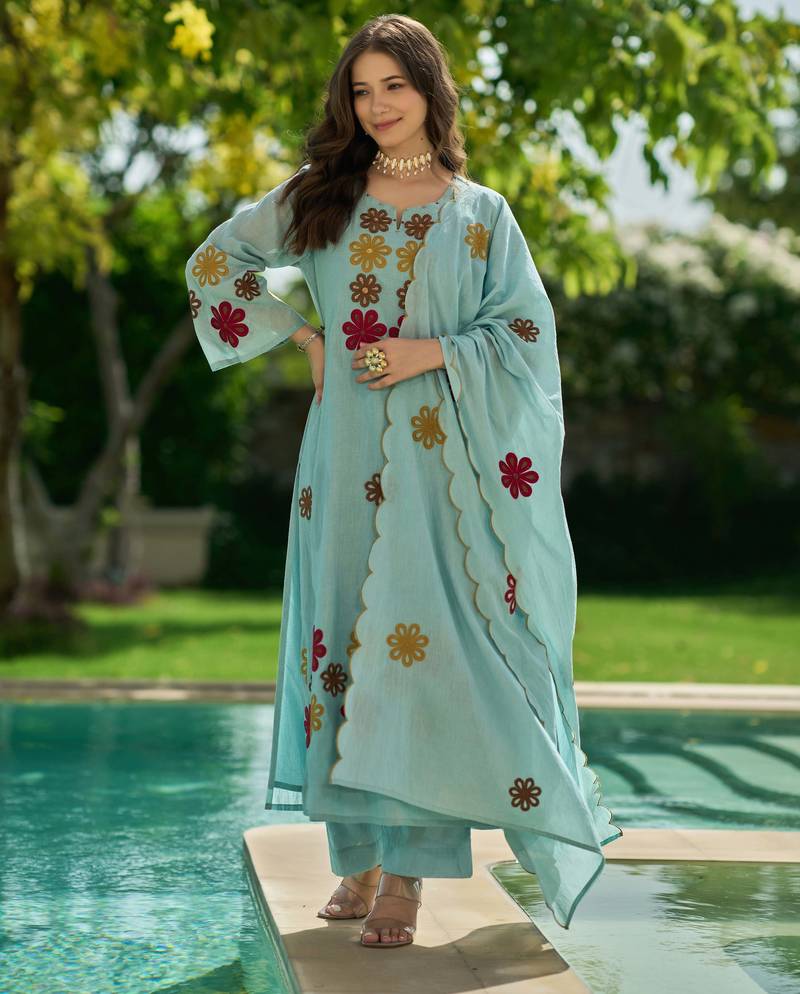 Sky Blue Floral Embroidered Pakistani Suit – Premium Ethnic Wear Collection