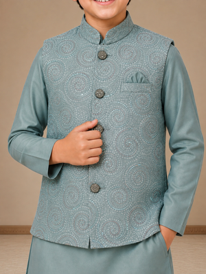 boys teal blue satin kurta pyjama set with embroidered sequined waistcoat 3