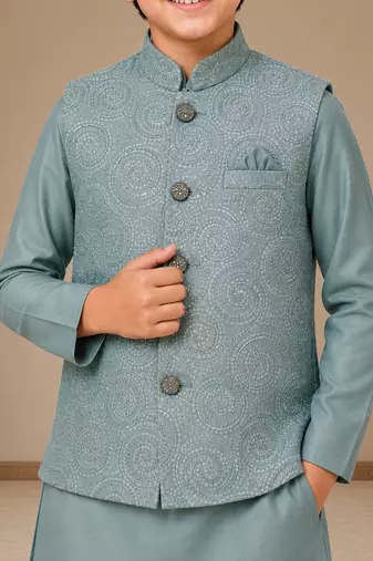 boys teal blue satin kurta pyjama set with embroidered sequined waistcoat