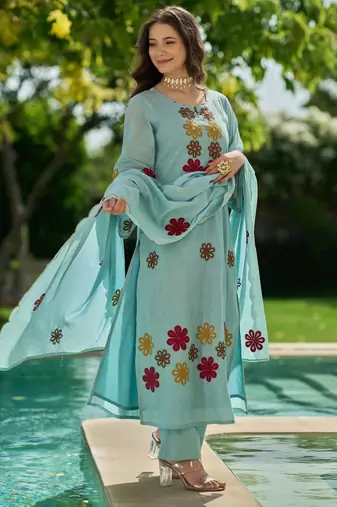 Sky Blue Floral Embroidered Pakistani Suit – Premium Ethnic Wear Collection