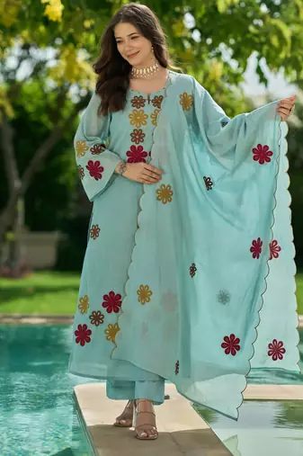 Sky Blue Floral Embroidered Pakistani Suit – Premium Ethnic Wear Collection