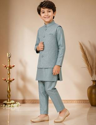 boys teal blue satin kurta pyjama set with embroidered sequined waistcoat 4