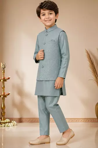 boys teal blue satin kurta pyjama set with embroidered sequined waistcoat