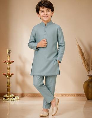 boys teal blue satin kurta pyjama set with embroidered sequined waistcoat 5
