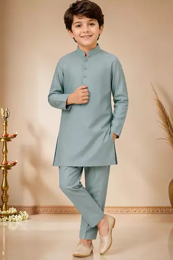 boys teal blue satin kurta pyjama set with embroidered sequined waistcoat