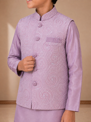 boys mauve satin kurta pyjama set with embroidered sequined waistcoat 3