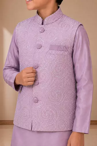 boys mauve satin kurta pyjama set with embroidered sequined waistcoat