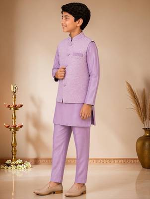 boys mauve satin kurta pyjama set with embroidered sequined waistcoat 4