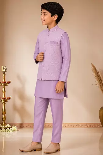 boys mauve satin kurta pyjama set with embroidered sequined waistcoat