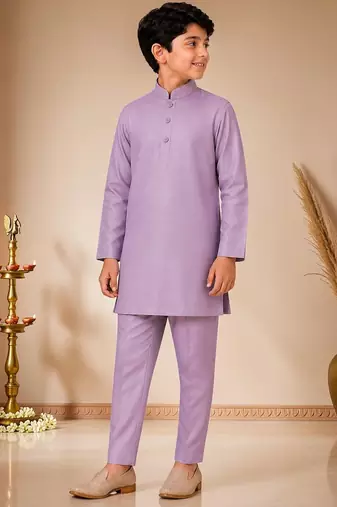 boys mauve satin kurta pyjama set with embroidered sequined waistcoat