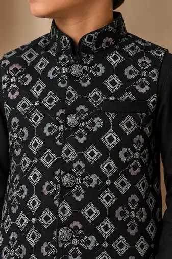 boys black cotton kurta pyjama set with embroidered sequined waistcoat