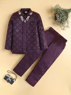 boys wine satin geometric embroidered sherwani trouser set 1