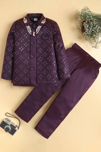 boys wine satin geometric embroidered sherwani trouser set