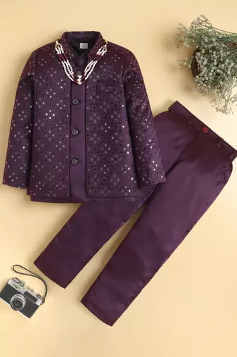boys wine satin geometric embroidered sherwani trouser set