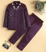 boys wine satin geometric embroidered sherwani trouser set