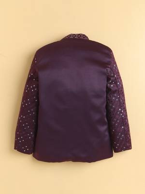 boys wine satin geometric embroidered sherwani trouser set 2