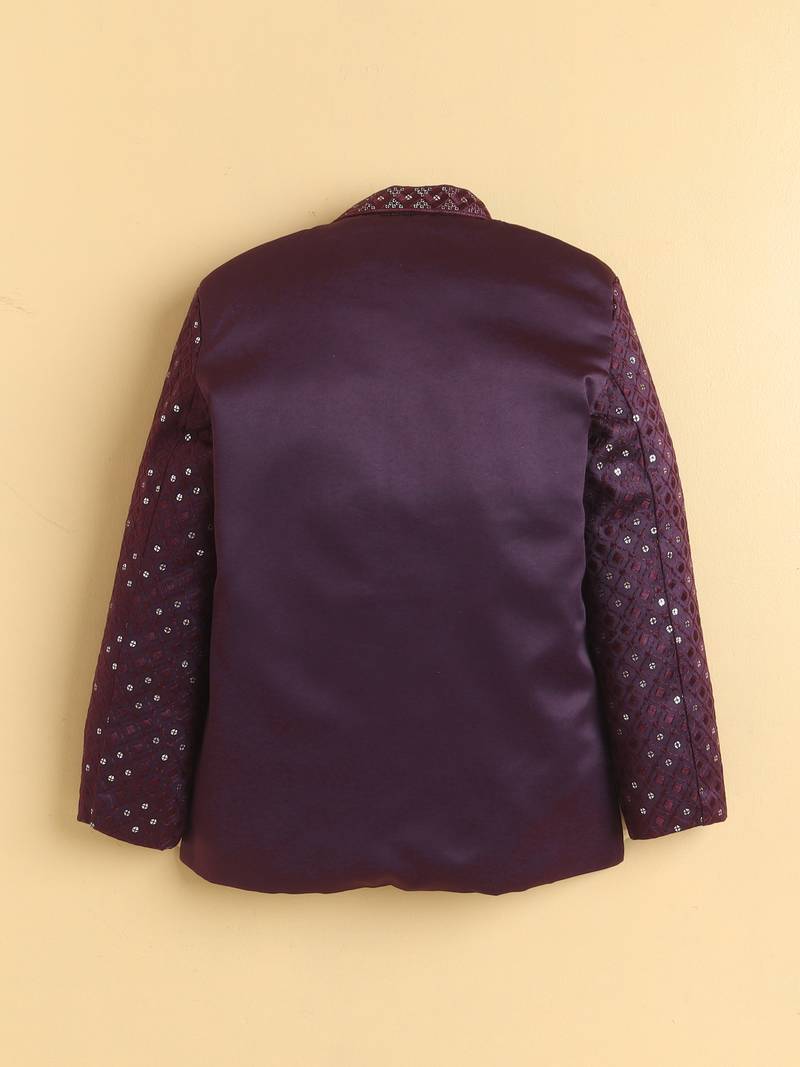 boys wine satin geometric embroidered sherwani trouser set
