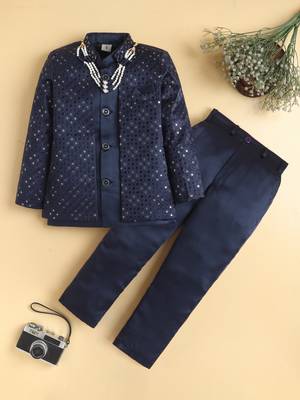 boys navy satin geometric embroidered sherwani trouser set 1