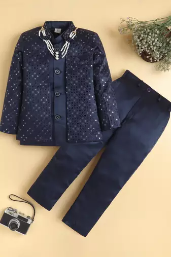 boys navy satin geometric embroidered sherwani trouser set