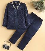 boys navy satin geometric embroidered sherwani trouser set