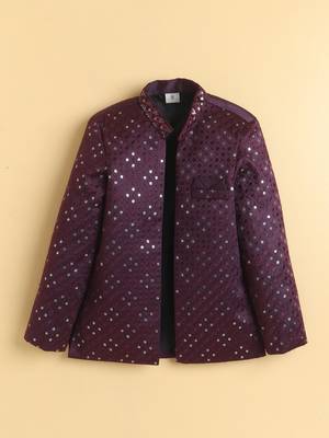 boys wine satin geometric embroidered sherwani trouser set 3