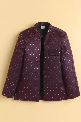 boys wine satin geometric embroidered sherwani trouser set