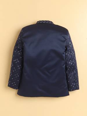 boys navy satin geometric embroidered sherwani trouser set 2