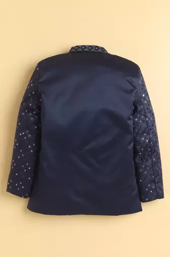 boys navy satin geometric embroidered sherwani trouser set
