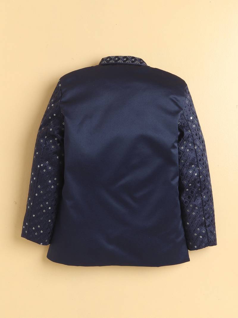 boys navy satin geometric embroidered sherwani trouser set