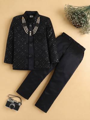 boys black satin geometric embroidered sherwani trouser set 1