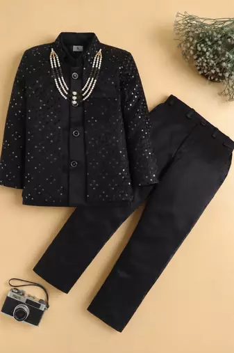 boys black satin geometric embroidered sherwani trouser set