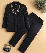 boys black satin geometric embroidered sherwani trouser set