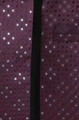 boys wine satin geometric embroidered sherwani trouser set