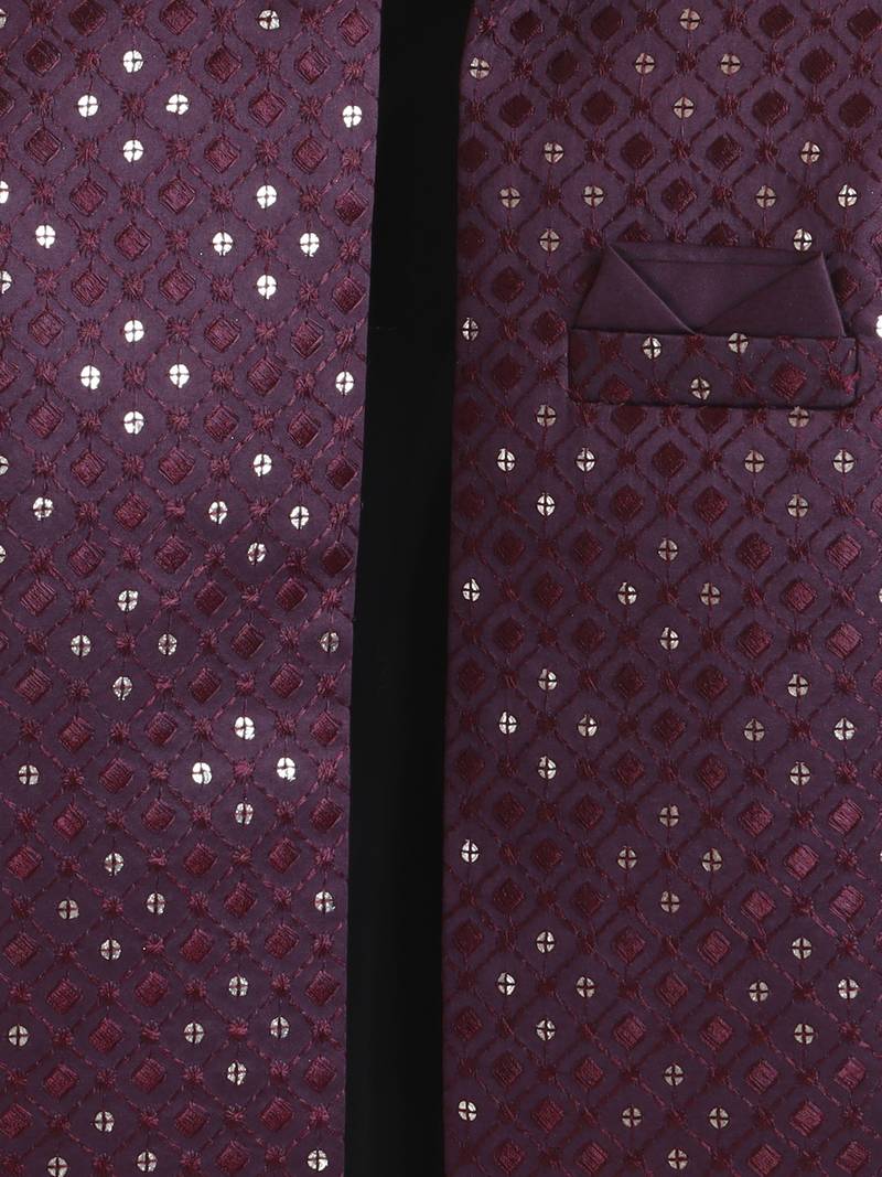boys wine satin geometric embroidered sherwani trouser set