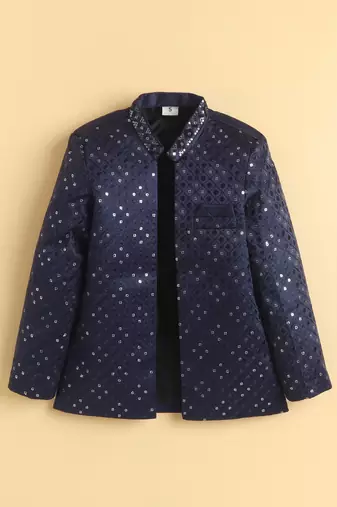 boys navy satin geometric embroidered sherwani trouser set