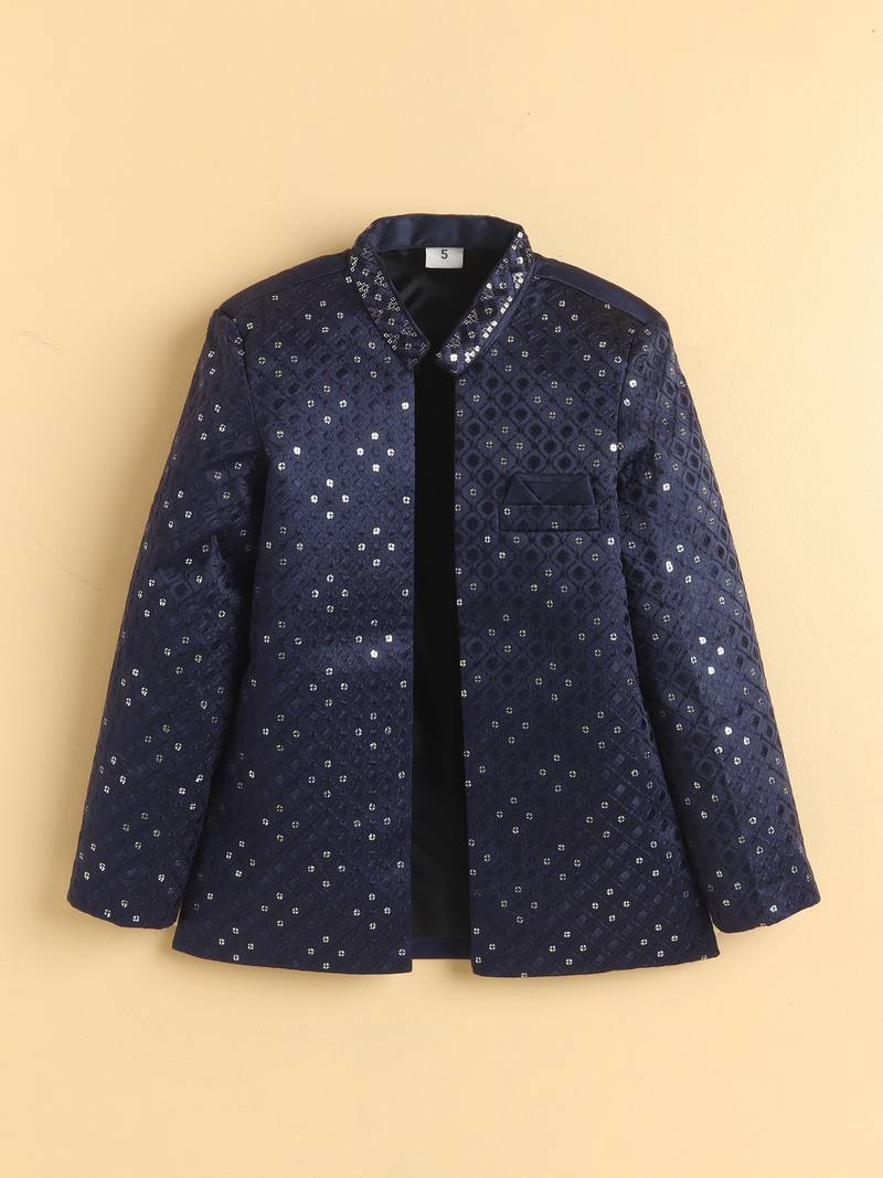 boys navy satin geometric embroidered sherwani trouser set