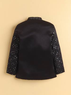 boys black satin geometric embroidered sherwani trouser set 2