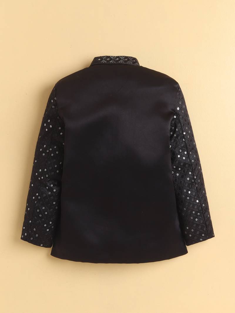 boys black satin geometric embroidered sherwani trouser set