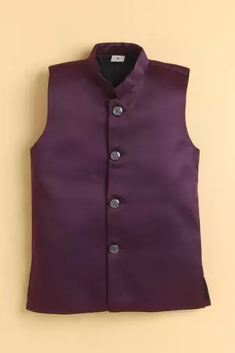 boys wine satin geometric embroidered sherwani trouser set