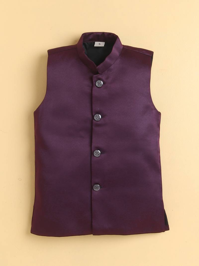 boys wine satin geometric embroidered sherwani trouser set