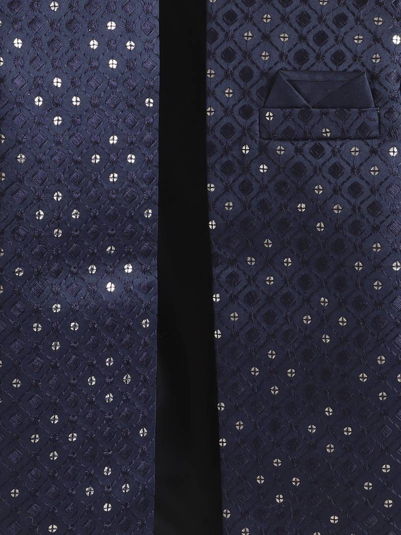 boys navy satin geometric embroidered sherwani trouser set