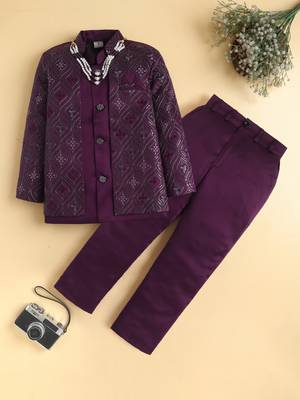 boys wine satin embroidered sherwani trouser set with waistcoat 1