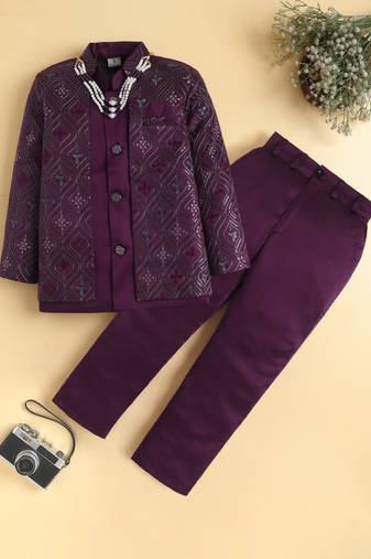 boys wine satin embroidered sherwani trouser set with waistcoat