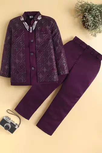 boys wine satin embroidered sherwani trouser set with waistcoat