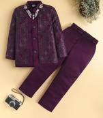 boys wine satin embroidered sherwani trouser set with waistcoat