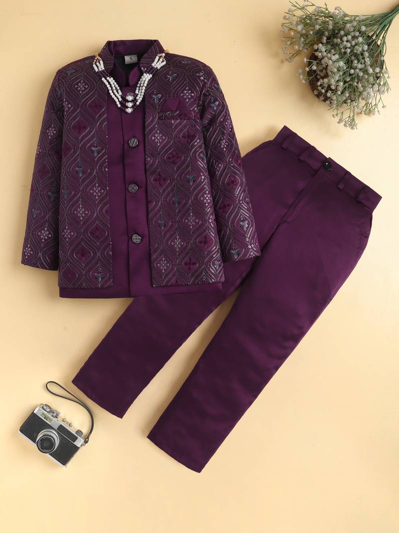 boys wine satin embroidered sherwani trouser set with waistcoat