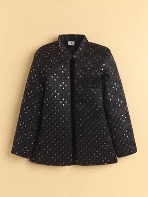 boys black satin geometric embroidered sherwani trouser set 3