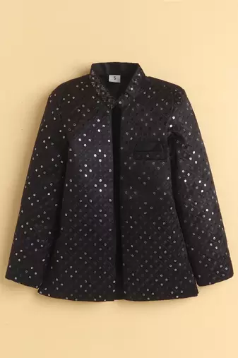 boys black satin geometric embroidered sherwani trouser set