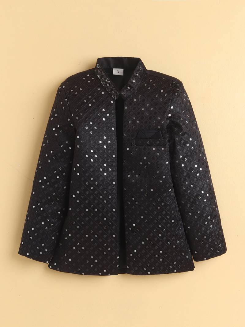 boys black satin geometric embroidered sherwani trouser set